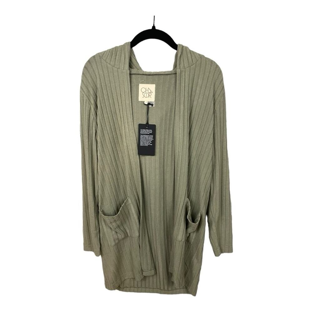 Chaser Open Front‎ Ribbed Lightweight Cardigan with Hood in Olive Green Size S